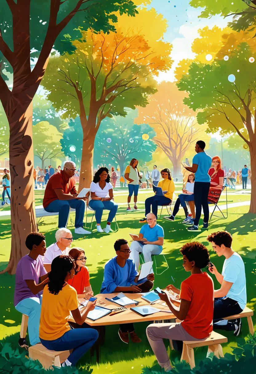 A lively scene depicting diverse individuals of various ages and backgrounds sharing creative content, with colorful art pieces and digital devices scattered around. The atmosphere should be warm and inviting, with elements of collaboration like brainstorming sketches and chat bubbles emerging around them. Sunlight filtering through trees in a community park setting, symbolizing growth and connection. super-realistic. vibrant colors. warm atmosphere.