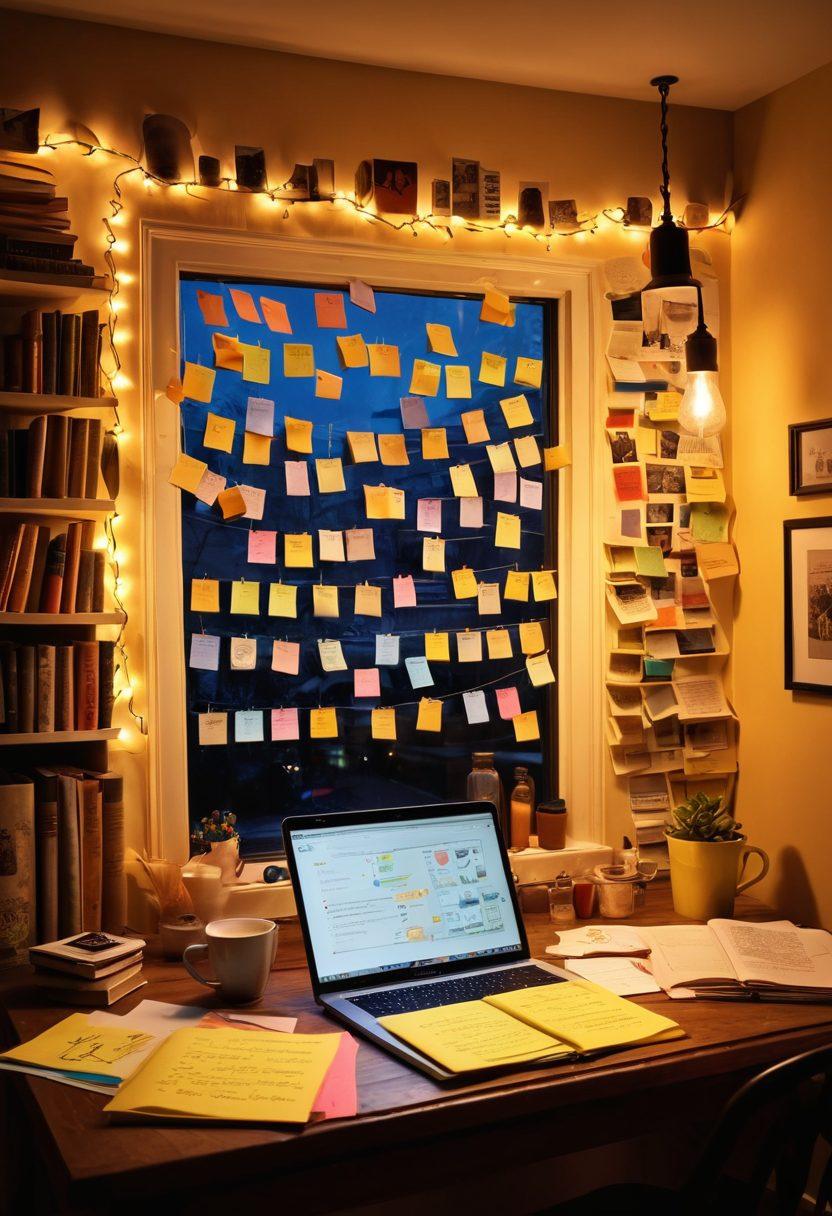 A creative workspace filled with colorful post-it notes and sketches, a laptop open with a digital journal on the screen, surrounded by books on storytelling and writing. A warm glow from a lamp casts a cozy atmosphere, with a cup of coffee steaming next to it. Whimsical elements like floating thought bubbles and digital icons representing ideas flourish around the scene. super-realistic. vibrant colors. cozy ambiance.