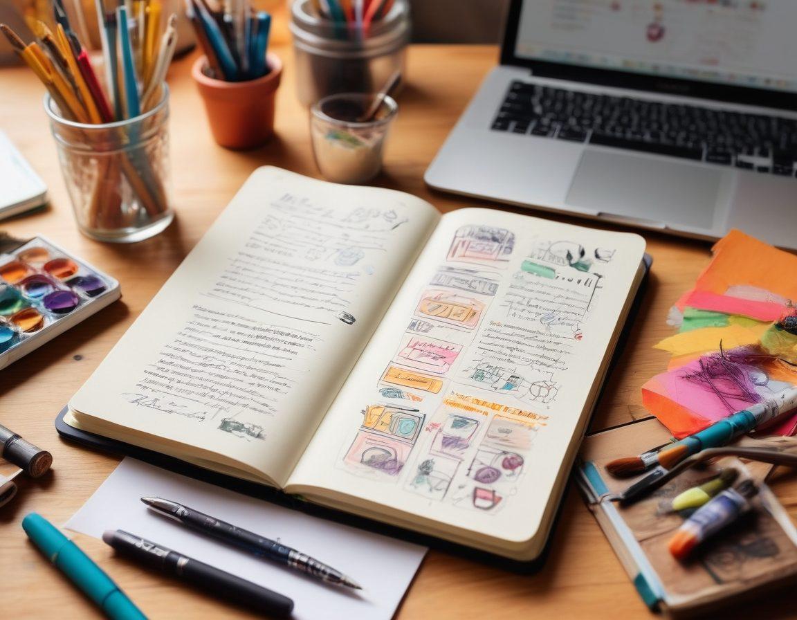 A visually striking open notebook filled with colorful handwritten notes and sketches representing creativity, surrounded by artistic tools like paintbrushes, a laptop with a storytelling blog on the screen, and vibrant lightbulbs symbolizing ideas. The setting should reflect a cozy workspace with a touch of whimsy and inspiration. super-realistic. bright colors. soft focus.